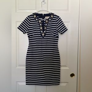 Michael Kors Stripped Navy Dress with Floral Neckline, Size Small